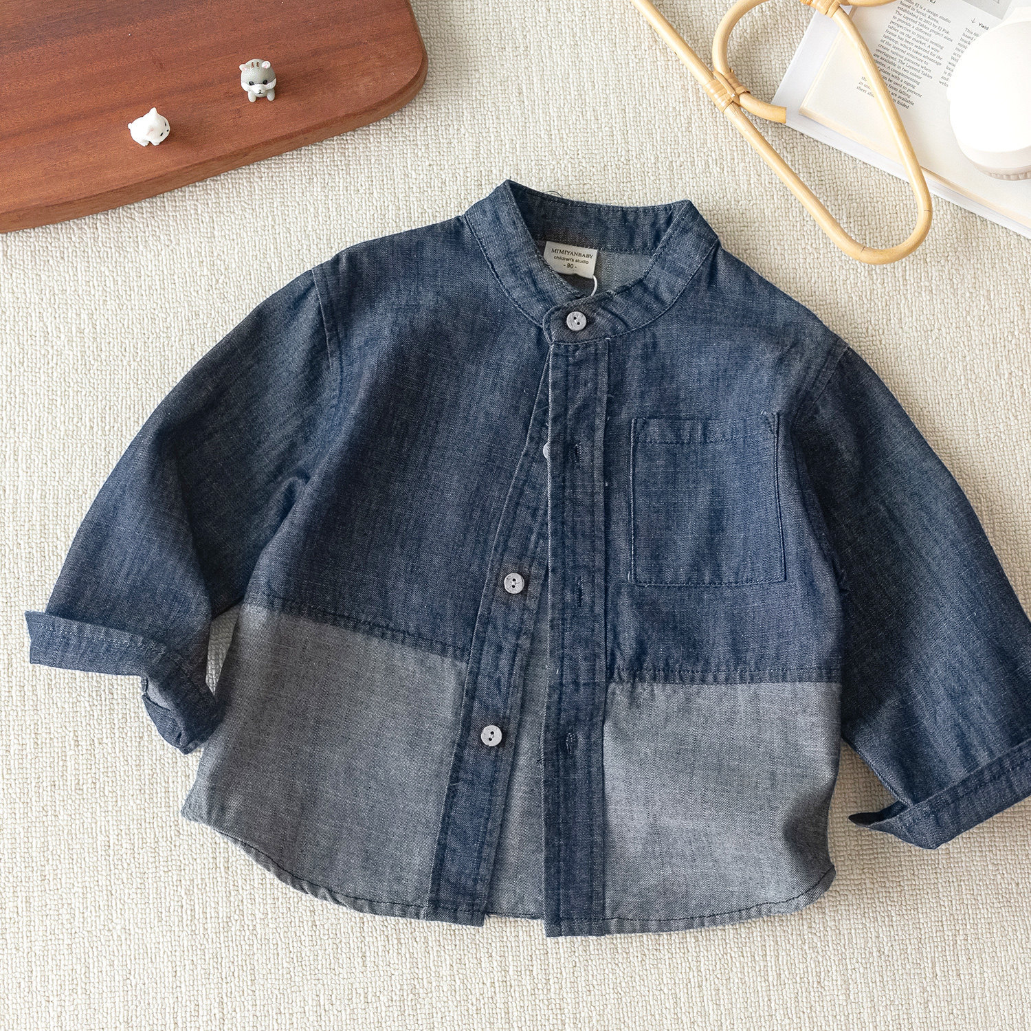 Children's Soft Denim Shirt for Boys 2026 Spring and Autumn New Style Toddler Color Block Top Trendy Baby Shirt Jacket for Girls Fashionable