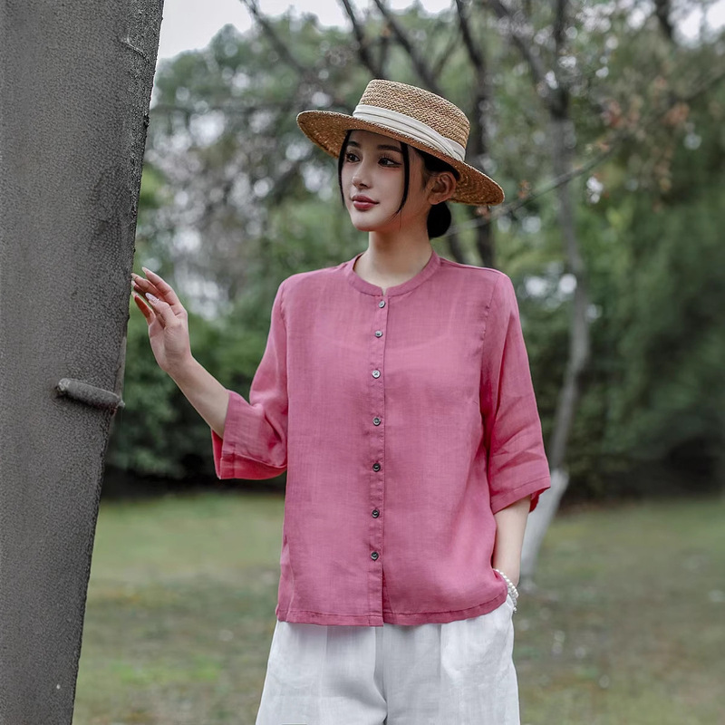 Three-Quarter Sleeve Versatile Casual Shirt with Lace Splicing 2025 Ramie Women's Summer Pure Sleeve Simple 42 Styles Round Neck