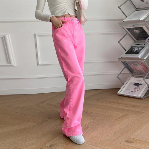 Pink Mop Pants, Petite Straight Leg Denim for Women, Summer Korean Style, Loose and Flowy High-Waist Wide Leg Pants for Plus Size