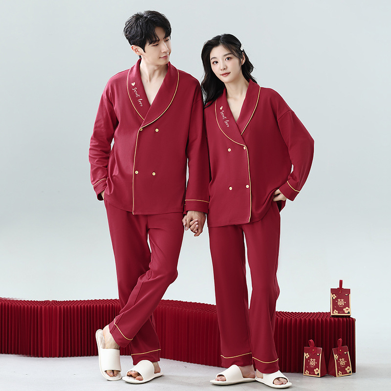 Yu Zhaolin カップルパジャマ女性のプラスサイズの純綿赤新婚結婚式干支年ビッグレッドホームウェアセット|undefined
