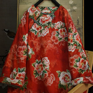 秋冬新款  中式亚麻印花圆领加绒棉服国风禅意茶服短款外套346032