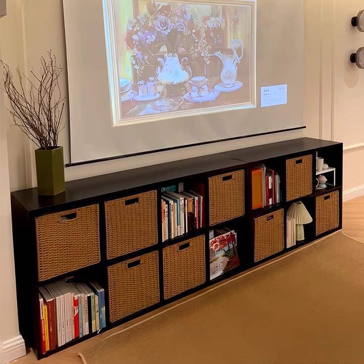 Integrated Tv Cabinet with Grid Cabinet, Black Living Room Floor-Standing Storage Cabinet, Tv Cabinet, Second-Hand Storage Integrated Cabinet Against the Wall