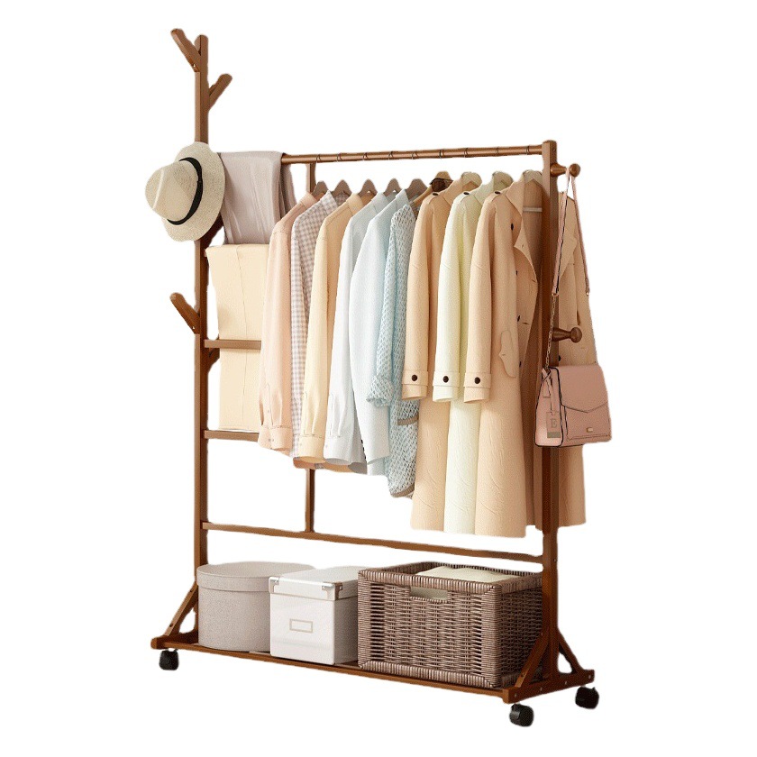 Piso percha perchero simple multi-funcional hogar alquiler habitación almacenamiento Rack móvil ropa de madera maciza sombrero rack