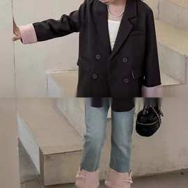 韩版女童西服童装2024春季新款中大童国风中长款小西装外套上衣