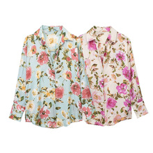 2023年跨境女装欧美风ins风春季花朵印花休闲衬衫丝绸感缎面衬衣