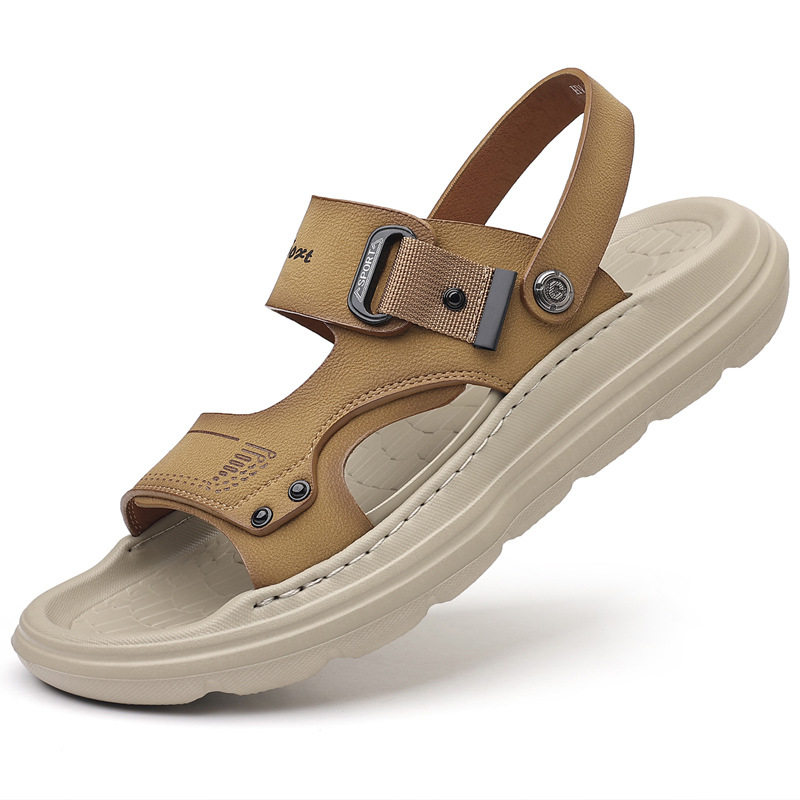 Dép sandal nam da thật đế xốp nhẹ thủ công, gót 3,5 cm, thoáng khí chống trượt — màu vàng