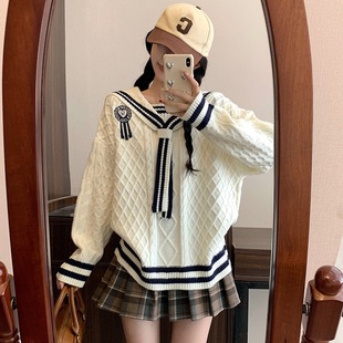 plus size Navy Collar Academy-style Sweater Women's Autumn and Winter 2024 New Sweet and Gentle Knitted Sweater Slim-looking Flesh Covering Top