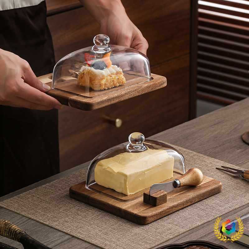 Cross-Border Amazon Acacia Wood Butter Box with Knife, Cheese Butter Cake Dessert Plate Glass