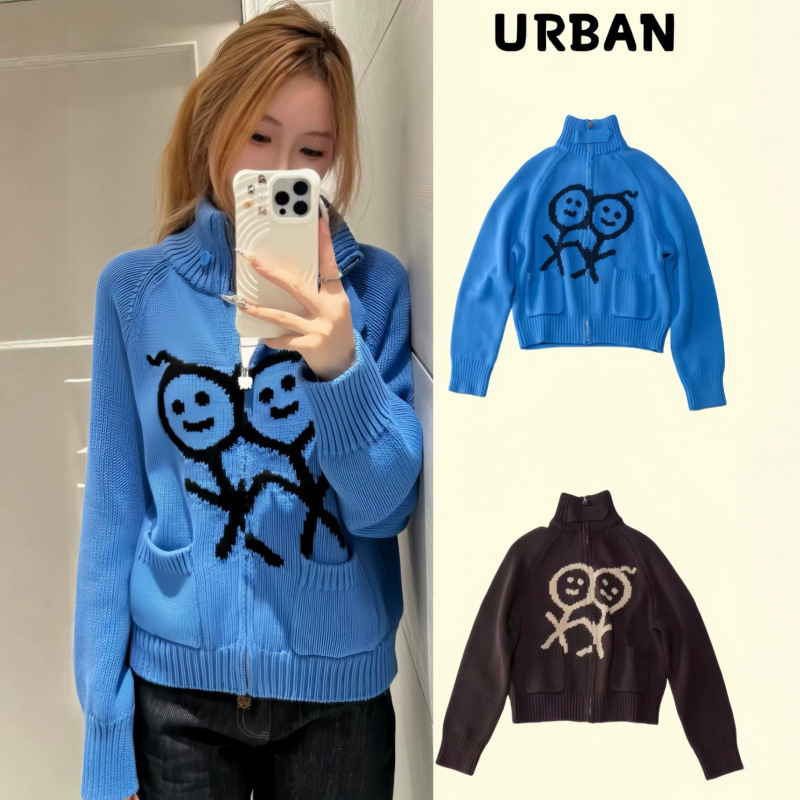 Korean-style stick-figure jacquard knit sweater, knitted cardigan with zipper, high-neck knit top, warm outerwear for women, autumn/winter collection