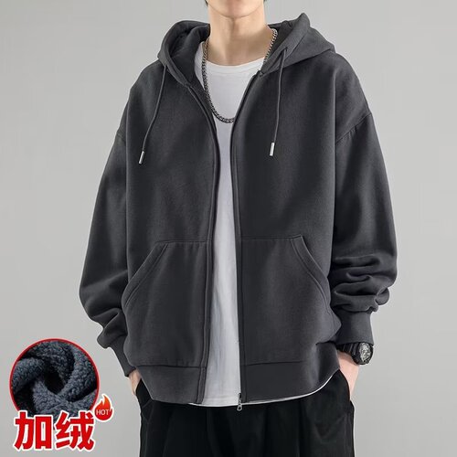 Men's Cozy Fleece Hooded Sweatshirt, Autumn/Winter Trend Loose-Fit Outerwear, Youth Fashion Solid Color Casual Hooded Sweatshirt