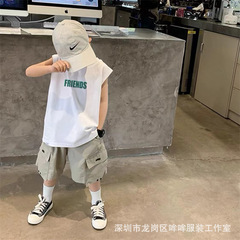 Summer 100% Pure Cotton Boys Trendy Streetwear Sleeveless Tank Top for Toddlers and Small Babies, Hong Kong Style Versatile Children's T-Shirt Top