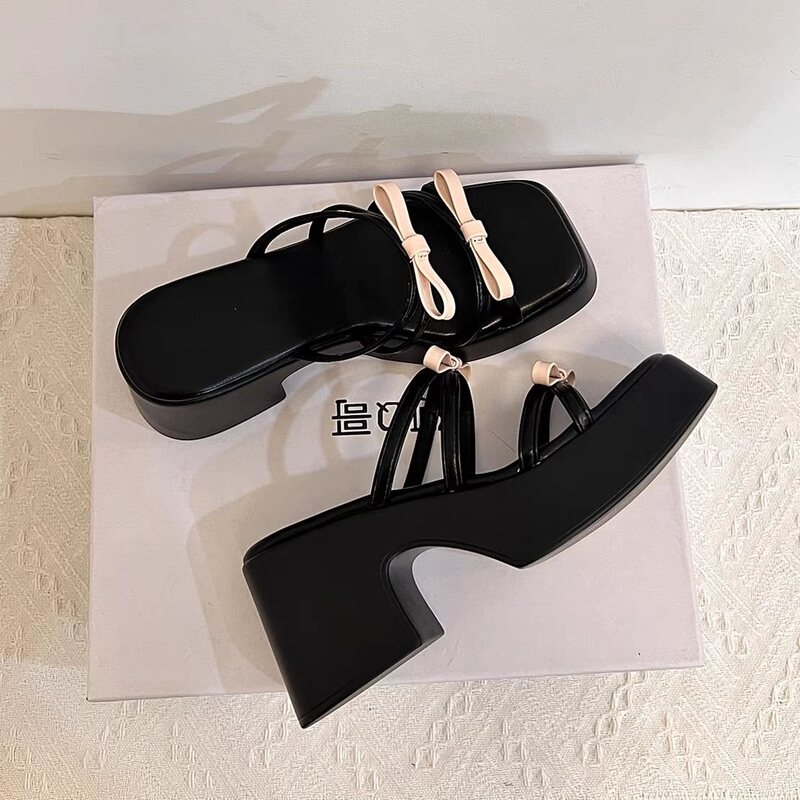 French-Style Niche Design Bowknot Thick-Soled Slippers for Women, New Summer Outdoor Wear, Height-Increasing Chunky High-Heeled Sandals French-Style Niche Design Bowknot Thick-Soled Slippers for Women, New Summer Outdoor Wear, Height-Increasing Chunky High-Heeled Sandals