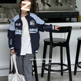 女童秋装棒球服外套2024新款中大童女孩洋气拼接卡通拉链开衫上衣