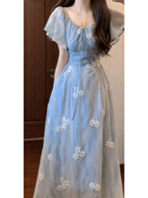 雨落花庭法式温柔重工刺绣V领雪纺连衣裙飞飞袖收腰长裙9366