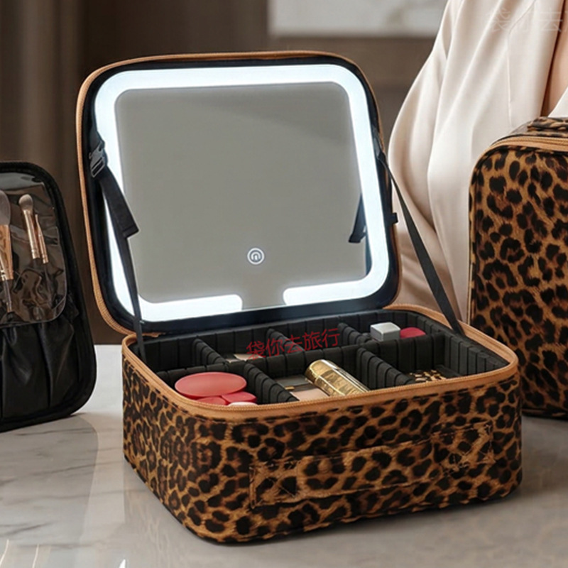 European and American High-End Led Travel Makeup Bag with Mirror for Women, Portable Large-Capacity Brush Case, Hand-Held Partitioned Bag for Export