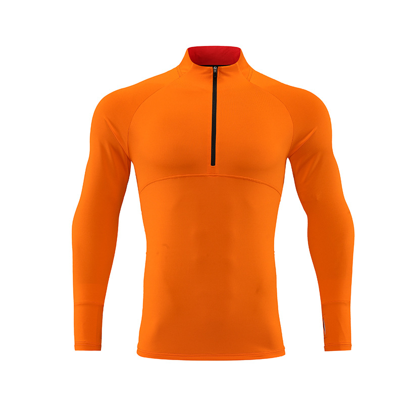 Primavera y otoño deportes al aire libre de los hombres de manga larga media cremallera soporte collar corriendo de secado rápido casual color sólido camiseta en stock impreso registro