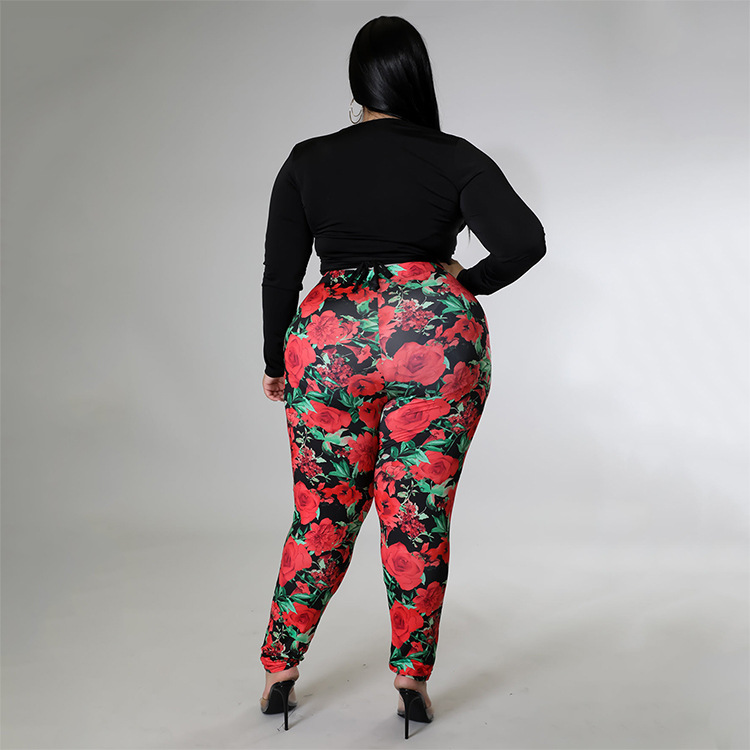 plus size solid color V-Neck Tight Top printed Pants Two-piece Set NSCYF122396