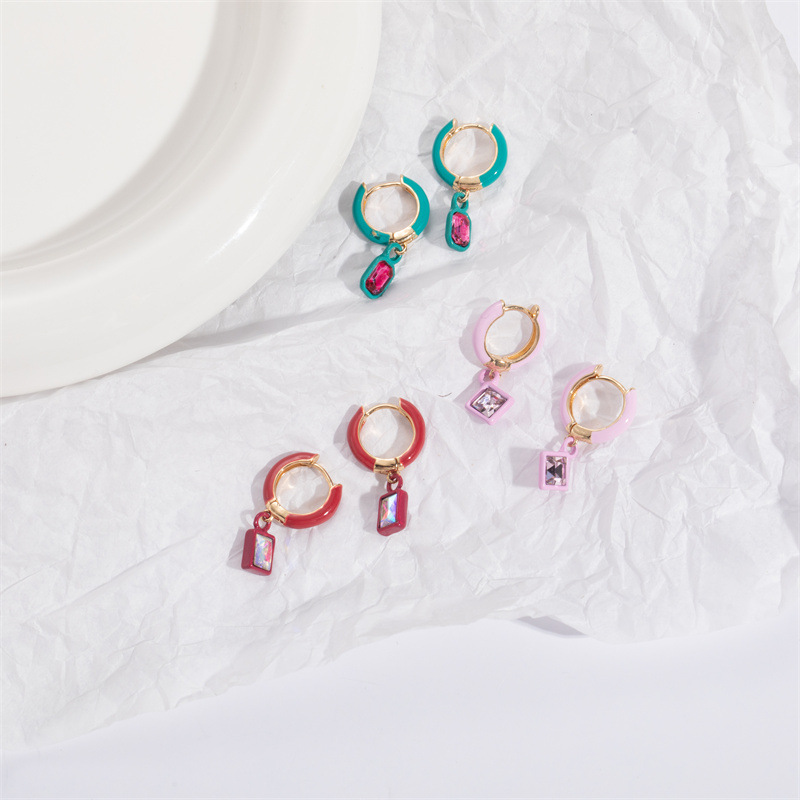 Fashion Round Square Copper Plating Inlay Zircon Drop Earrings 1 Pair