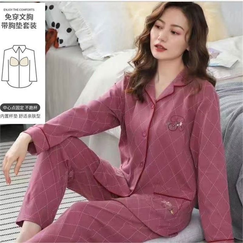 Pijama con cojín de pecho para mujeres primavera y otoño mangas largas 2023 nuevo conjunto de ropa de casa de otoño para mujeres