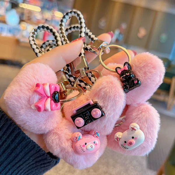 Plush Cute Heart-Shaped Bear Keychain Pendant Sweet and Cute Cartoon Heart Bow Backpack Pendant Decoration