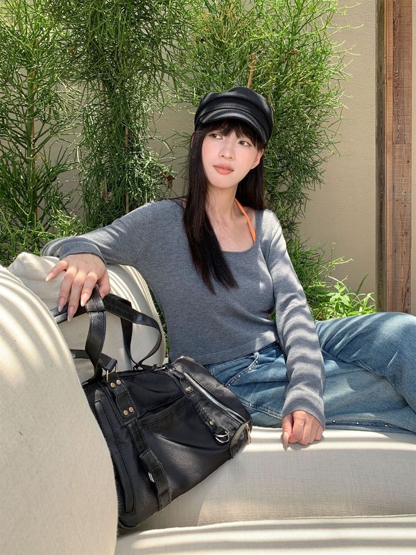 誉一新款2025初秋甜辣风U领长袖t恤女ins韩系显瘦短款上衣女c1217|undefined