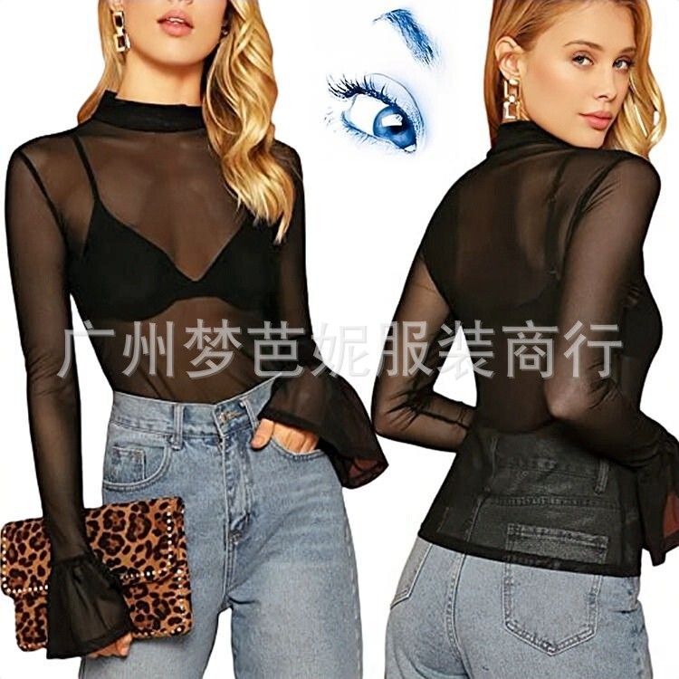 2023 Amazon Mesh Transparent T-shirt Top Transparent Outer Wear All-Match Horn Sleeve T-shirt Women T-shirt 2023 Amazon Mesh Transparent T-shirt Top Transparent Outer Wear All-Match Horn Sleeve T-shirt Women T-shirt