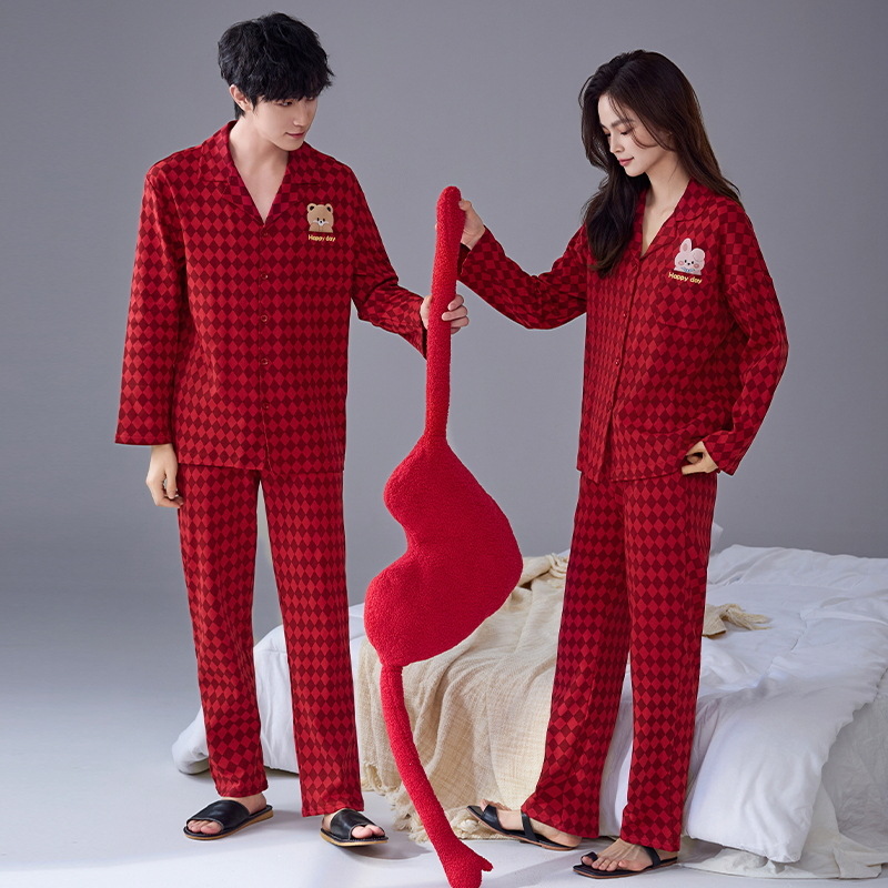 Pijama de algodón femenino primavera y otoño manga larga suelta boda recién casada festiva ropa de casa de hombre rojo pareja dos conjuntos