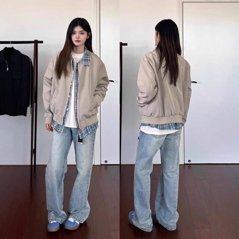 老钱风假两件外套男女春秋季新款拼接撞色宽松cleanfit飞行服夹克|undefined
