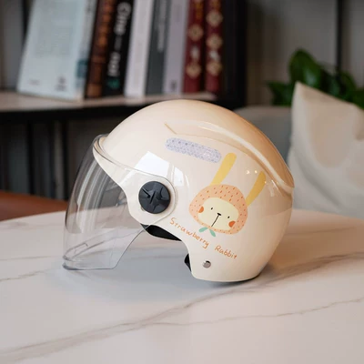 New National Standard 3C Certified Electric Motosiklet kaskı (dəbilqə) - 802m-white-strawberry-rabbit-transparent-long-mirror-3c-certification-one-size
