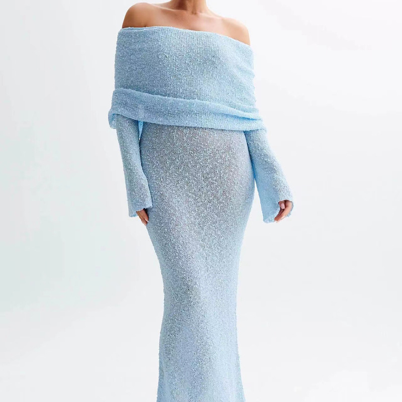 Damenbekleidung Strandkleid mit langen Ärmeln, gestrickt, einschultriges Kleid, langer Rock_voghion.com