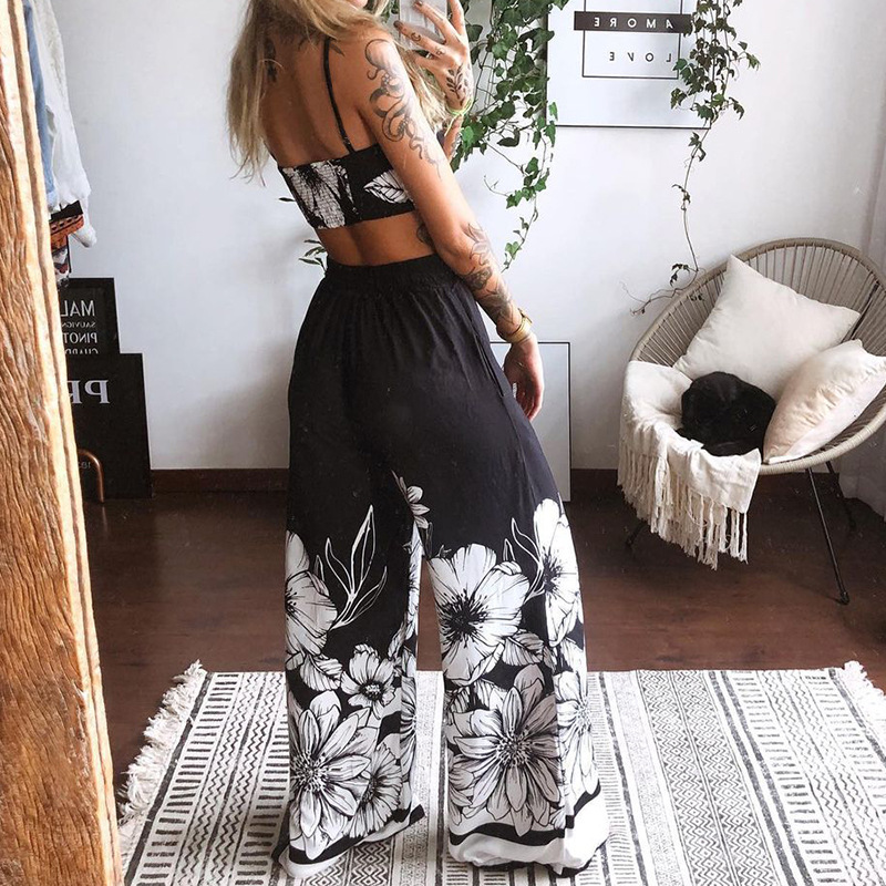 printing/solid color sling wrap chest backless vest and loose wide-leg pants set NSONF120040