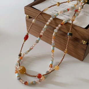 Dunhuang New Chinese Style Necklace Women's Beaded Natural Stone Agate High-grade Woolen Chain Red Stacked Antique Clavicle Chain
