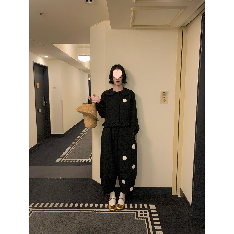 Mona Zhang Polka Dot Girl's Outfit/Doll Collar Ruffled Lace Shirt/Wide-Leg Slightly Tapered Lantern Pants Mona Zhang Polka Dot Girl's Outfit/Doll Collar Ruffled Lace Shirt/Wide-Leg Slightly Tapered Lantern Pants