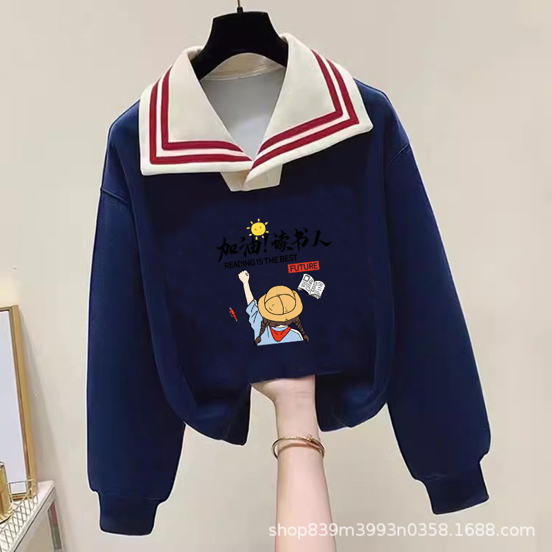 Big Kidsren's Preppy Style Navy Collar Sweatshirt for Women 2025 New Spring and Autum Casual Loose Junior High School and High School Student Tops
