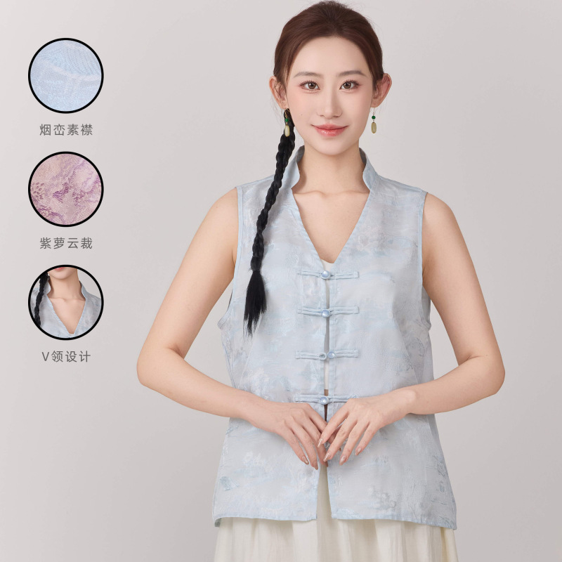 夏季开衫马甲女夏款复古V领无袖小衫时尚改良女士盘扣薄款上衣|undefined