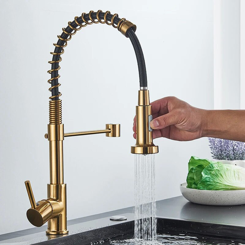 Spring sink kitchen faucet double water outlet cold and hot vegetable washing basin dishwashing extraction splash-proof faucet shower can be rotated