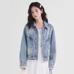 甜美少女蕾丝拼接袖口牛仔外套女秋季2025新款宽松小个子外搭上衣