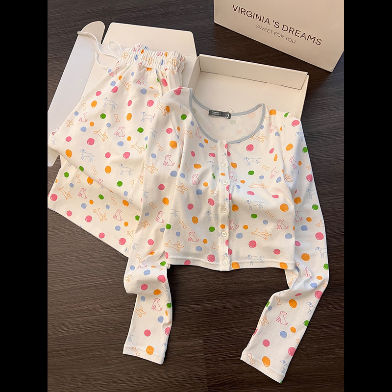 Korean-Style Sweet Colorful Polka Dot Cartoon Print Pajamas for Women, Spring and Autumn Soft and Skin-Friendly Loungewear Set That Can Be Worn Outside
