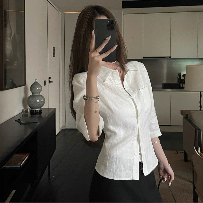 Linen Mid-Sleeve Shirt for Women 2026 Summer New Style Natural Wrinkle Shirt Waist-Cinching Top