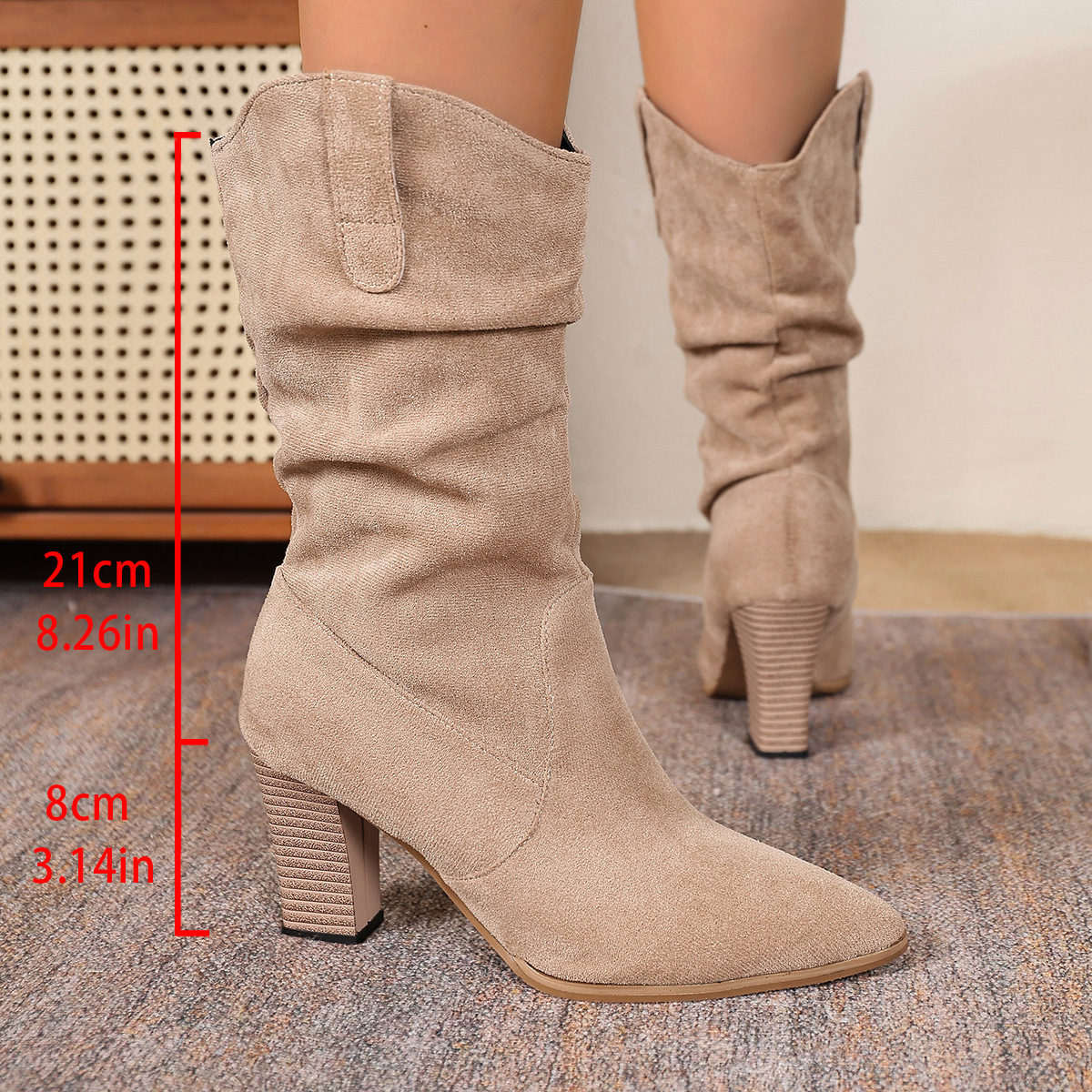 Women's Suede Pointed Toe High Heeled Cowboy Boots Mid Calf Winter_voghion.com