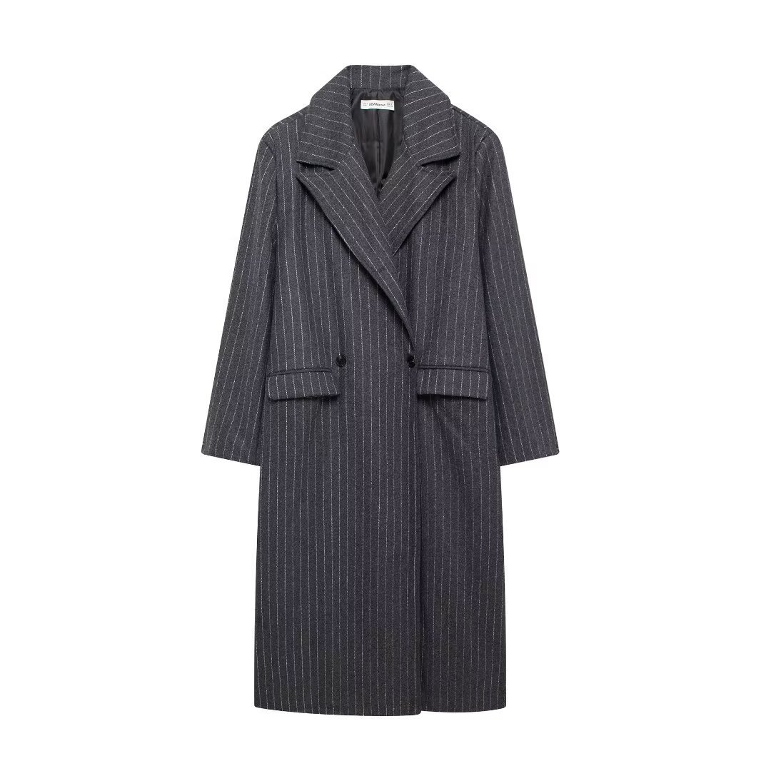 Women's clothing 2024 autumn/winter new style temperament suit collar striped woolen long jacket_voghion.com