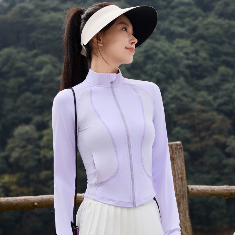新型夏のダブルC軽薄で痩せた立襟屋外フィットネスヨガ服コートナイロン原糸涼感日焼け止め服|undefined