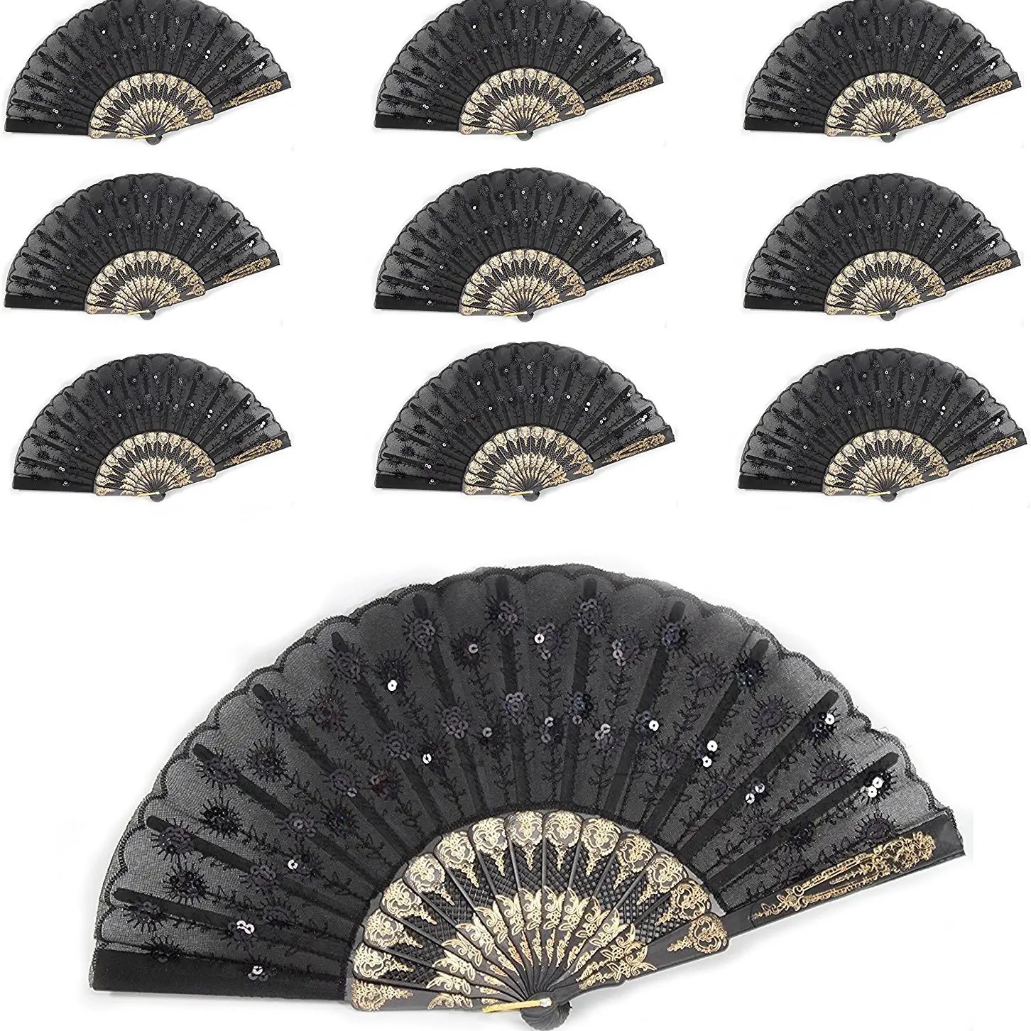 En stock ventilador plegable de lentejuelas ventilador de plástico español bordado ventilador de lentejuelas cola de pavo real forma de pluma ventilador Negro Varilla Negro