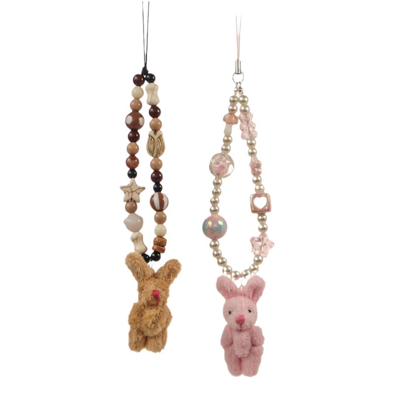 Woo original Rosa marrón conejito conjunto Cadena de teléfono móvil nicho ins estilo teléfono móvil cuerda Rosa marrón conejo CCD Cámara cadena
