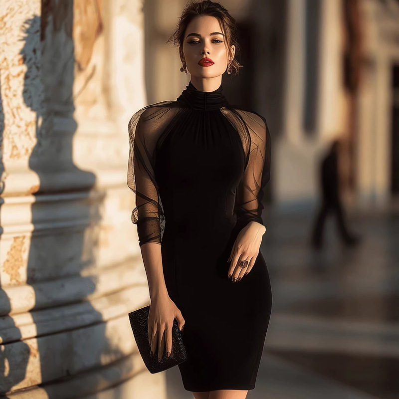 European and American Cross-Border New Fashion Elegant Slim-Fit Long-Sleeve Dress with High Collar and Sheer Mesh for Evening Parties