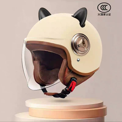 Vehicle Helmet for Men and Women, Motosiklet kaskı (dəbilqə) - 801-new-national-standard-class-a-3c-certification-light-khaki-long-mirror-black-rabbit-ears-free-size
