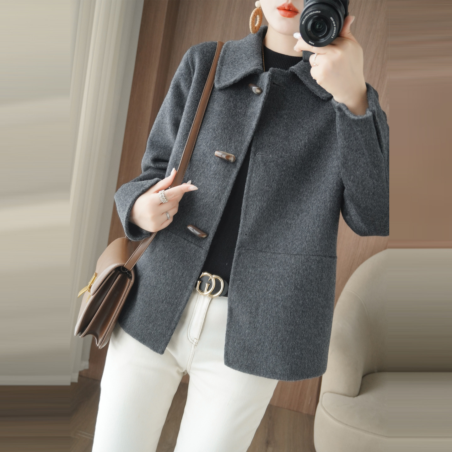 New 2025 Autumn and Winter Short Woolen Outwear Women's Korean Style Loose Elegant Double-Sided Cashmere Outwear