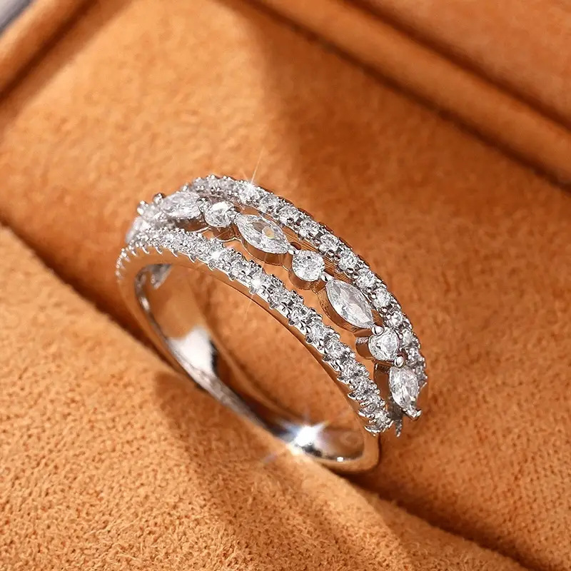 European and American Niche Design Fashionable Copper-Plated White Golden Half-Circle Full Diamond Marquise Zircon Ring Engagement Diamond Ring