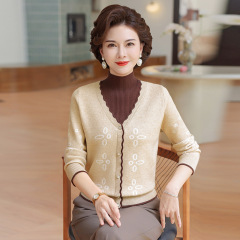 妈妈秋装假两件针织衫中老年人洋气上衣女奶奶春秋款衣服打底毛衣