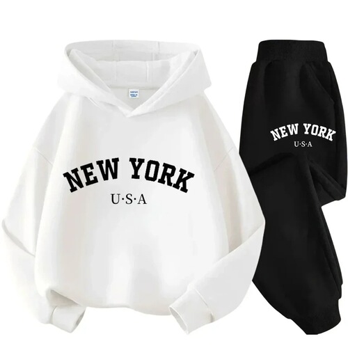 Children's black sports outdoor letterprint hooded sweatshirt 3-12 years old boys and girls casual suit